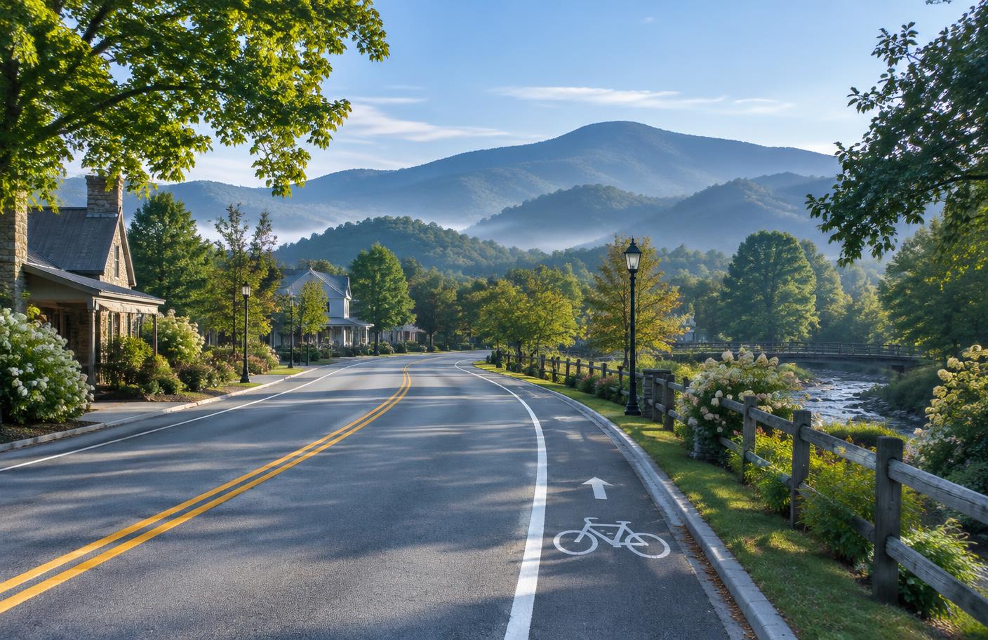 Tree-lined North Georgia road with a marked bike lane and foothills in the distance
