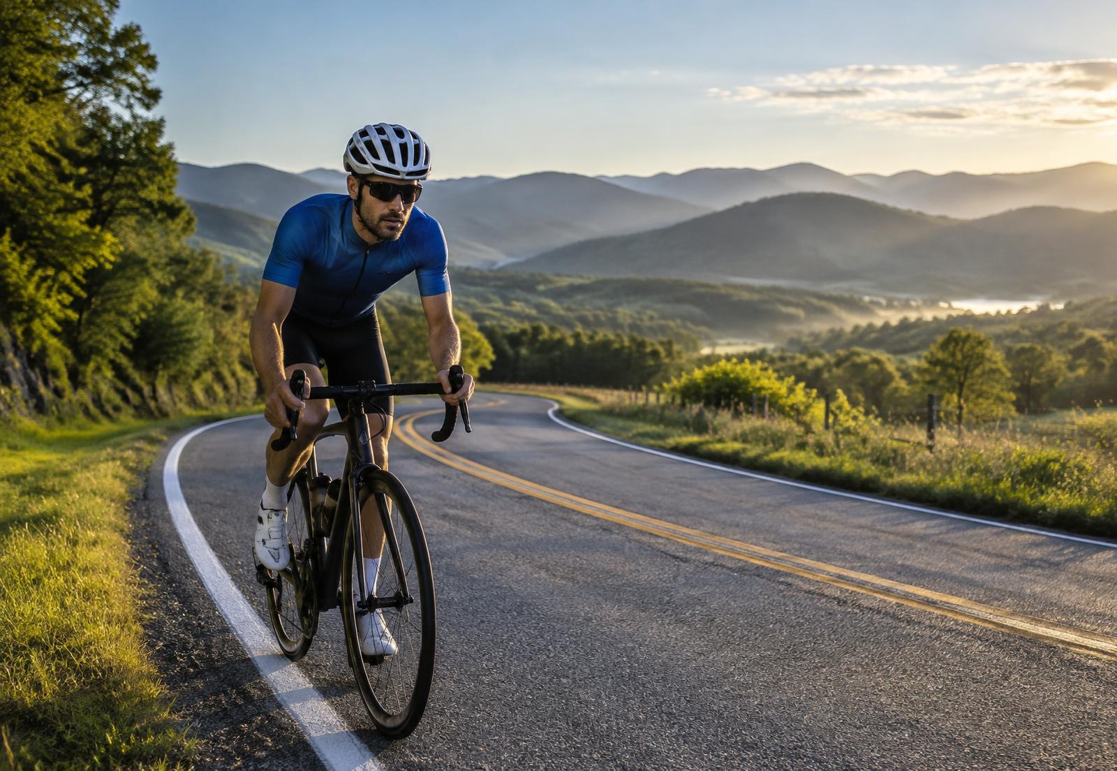 Cyclist in a helmet riding along a winding North Georgia road at sunrise
